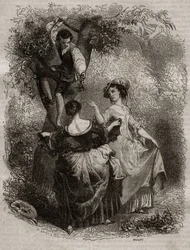 La cueillette des cherries - Ilustração para as confissões" de Jean-Jacques (Jean Jacques) Rousseau (1712-1778) - gravura de 1849