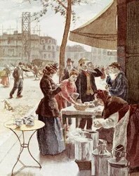La laitiere, 6 da manhã de domingo. Gravura a cores a 14 de Julho de 1895. Paris, Musee Carnavalet