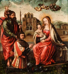 "The Virgin of Cristobal Colon Virgin and Child with Christopher Columbus and Saint Christopher Anonymous painting 1540 - Óleo sobre madeira Dim 52x48 cm Museo Lazaro Galdiano, Madrid