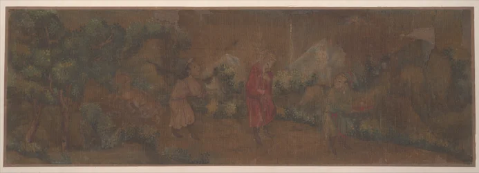 Pintura de paisagem de figura em ambiente florestal (folha de álbum; cor sobre seda)