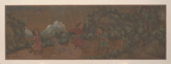 Pintura de paisagem de figura em ambiente florestal (folha de álbum; cor sobre seda)