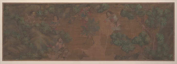 Pintura de paisagem de figura em ambiente florestal (folha de álbum; cor sobre seda)