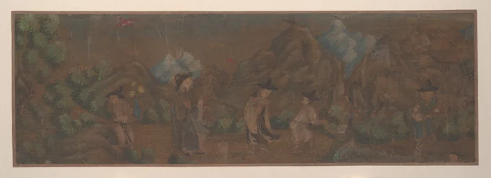 Pintura de paisagem de figura em ambiente florestal (folha de álbum; cor sobre seda)