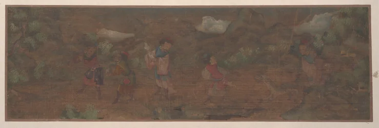 Pintura de paisagem de figura em ambiente florestal (folha de álbum; cor sobre seda)