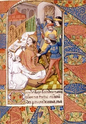 O assassinato de São Tomás Becket (1118-1170), prelado e político inglês. Miniatura do século XIV. Victoria and Albert Library, Londres.