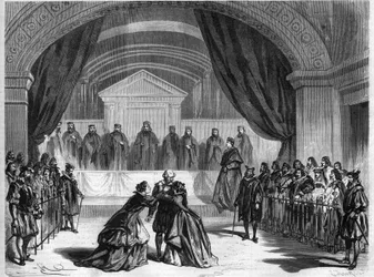 Última etapa da peça de teatro "Galileia", um drama de três atos de François Ponsard, poeta e dramaturgo francês (1814-1867), no teatro de comédia francês em Paris. Gravação em "L