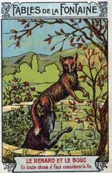 Le Fox et le Bouc - Fábulas de Jean de La Fontaine (1621-95) - Cromolitografia do final do século XIX Coleção Particular