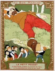 Le Petite Poucet tira as botas de sete léguas para o ogre asoupi - Bon Marché, selo publicitário do final do século XIX