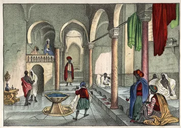 O banho mouro (banho público) em Argel, cerca de 1830. Em «A Argélia antiga e moderna» de Léon Galibert. Edição italiana de 1846, a cores