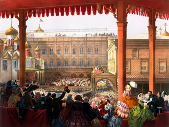 A coroação do imperador Alexandre II (1818-1881) em 18/02/1855. Vista da multidão - litografia anónima