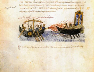 "A frota bizantina usa fogo grego contra um exército rebelde - Miniatura de "Synopsis historiarum" ou "Byzantine Chronicles" (Histories of the Byzantine kings and deeds from 811 to 1057) por John (Johannes ou John