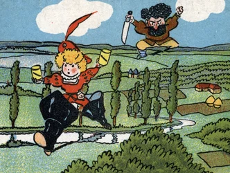 Le petit poucet perseguido pelo ogre depois de este lhe ter roubado as botas de sete léguas (Hop-o-my-Thumb ou ittle Thumbling, Little Thumb, ou Little Pouket, conto de fadas de Charles Perrault) Cromolitografia do início do século XX Coleção Particular