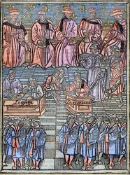 Le prevot des marchands et les echevins de Paris au 16eme century gravura após o original de 1528 - Reitor de comerciantes e vereadores de Paris, cena de cobrança de impostos, página de título do "Royal ordinances of the Jurisdiction of the Prevote des Mer