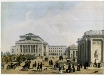 O Teatro Alexandrinski (ou Alexandra) em São Petersburgo (O Teatro Alexander em São Petersburgo). Trabalho anônimo, litografia colorida, por volta de 1830. Classicismo do século XIX. Museu Estatal de Teatro e Arte Musical, São Petersburgo.