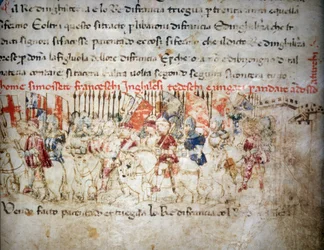 Liga de franceses, ingleses, alemães e húngaros contra os turcos em 1391 - nas «Croniche del Sercambi», cerca de 1400. Arquivo Nacional, Luca.