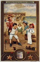 Cartão Leibig representando crianças francesas na praia 1890