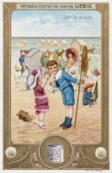 Cartão Leibig representando crianças francesas na praia 1890