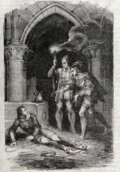 Leon (Leone) delivre Roger (Ruggero, Ruggiero) - gravura de 1851 de "Roland furieux" (Orlando furioso) (século XVI) de Ludovico Ariosto, conhecido como Ariosta - Edição traduzida do italiano pelo Conde de Tressan e publicada por Gustave Harvar