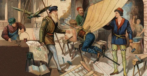 Leonardo da Vinci (Leonard de Vinci 1452-1519) experimentando a sua máquina voadora. Cromolitografia do século XIX.