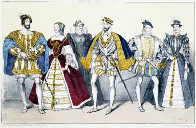 Les Valois: François I (1494-1547) e Claude de France (1499-1524), Catherine de Medicis (1519-1589) e Henri II (1519-1559), François II (1544-1560) e Marie Stuart (1542-1587) - Planche extraído de Kings and Queens of France in prints, Paris, ed. S