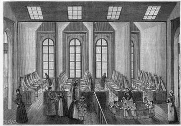 Les creches: berçário e creche de Guise (Aisne, 02). Vista interna da sala principal. Gravura em "La Nature: Revue des sciences et de leurs applications aux arts et a l