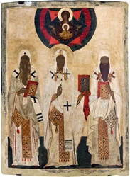 Os três santos bispos de Rostov: Isaías (falecido em 1090), Leôncio (falecido em 1077), Inácio (falecido em 1288) - Ícone russo: Os três santos bispos de Rostov: Isaías, Leôncio e Inácio. Finais do século XV, Museu Estatal ao Ar Livre do Kremlin de Rostov