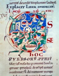 Lettrina C; uma videira do início do século XII. Miniatura da Idade Média. Manuscrito "Moralia em Jó" da Abadia de Citeaux para Gregoire Papa I