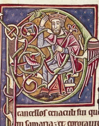 Lettrina P decoração da representação do rei da terra de Moab Miniatura de uma Bíblia (Ms 3088) Século XII Coimbra, biblioteca da Universidade