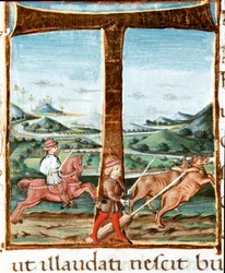 Inicial T decorada com um cavaleiro e um condutor de bois - miniatura retirada das «Bucólicas» (Éclogas) de Virgílio (Públio Virgílio Marão) (70-19 a.C.) (Ms IV E.12), século XV, Nápoles, Biblioteca Nazionale