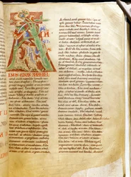 Lettrina: letra "A" representando a criação de Adão (bíblia de e. harding). Miniatura do manuscrito "Treats sur la Trinite de Saint Augustine", da Abadia de Citeaux.