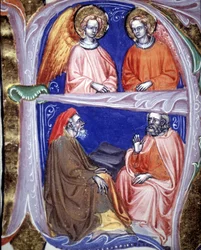 Lettrina representando anjos e filósofos que discutem - em De civitate dei de St Augustine. Manuscrito do século XIV. Bíblia Municipal de Rimini.