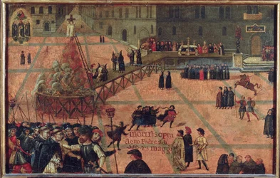 L "execution de Jerome Savonarole, Florence 1498 - Execução de Girolamo Savonarola na Piazza della Signoria em Florence em 1498 - Anônimo. Óleo sobre madeira