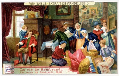 Cromolitografia de Liebig sobre a vida de Rembrandt (1606 - 1669), pintor holandês. Estes são os contratempos de Rembrandt em 1656.