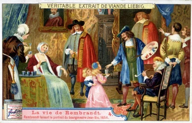 Liebig chromolithography on the life of Rembrandt (1606 - 1669) Pintor holandês, aqui retratando o prefeito Jean Six em 1654.