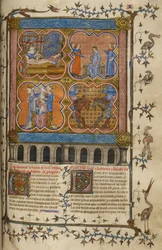 A vida de Júlio César: quatro miniaturas mostrando o seu nascimento, divórcio, pontificado e luta com Pompeu; texto com iniciais decoradas e borda com pássaros e grotescos.