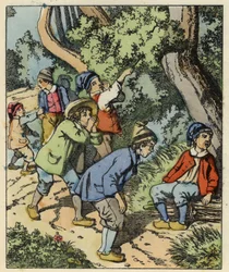 O pequeno Poucet e seus irmãos perdidos na floresta, abandonados pelos pais. Ilustração do conto "Le Pepetit Poucet", de Charles Perrault