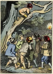 O pequeno Poucet sobe a uma árvore e procura o seu caminho. Ele está pegando uma luz na floresta. Ilustração do conto de Charles Perrault, "Le Pepetit Poucet".