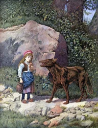 Capuchinho Vermelho Encontrando o Lobo na Floresta - em "Les Tales de Perrault".