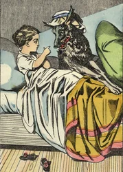 O Capuchinho Vermelho pergunta ao lobo: «Avó, porque tens dentes tão grandes?» Ilustração do conto «O Capuchinho Vermelho» de Charles Perrault