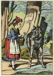 O Capuchinho Vermelho encontra o lobo na floresta. Ilustração do conto "O Capuchinho Vermelho" de Charles Perrault