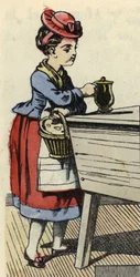 O Capuchinho Vermelho põe comida para a avó dele no huche. Ilustração do conto "O Capuchinho Vermelho", de Charles Perrault