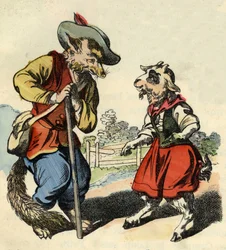 O rapazinho fala com o Mestre Fox. Ilustração do conto "Bon medor e o Pequeno Chevrette". Em "Contos da casa para os pequenos". Gravura anónima do século XIX.