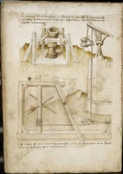 Sistema de elevação de carga para estaleiro de construção - Manuscrito: folha de pergaminho de um manual de engenharia para a construção de edifícios civis, religiosos e militares, anónimo, final do século XV (figura em tinta chinesa)