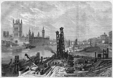 Londres, construção de docas na margem sul do Tamisa, em frente à cidade administrativa de Westminster, na margem norte. Em "L