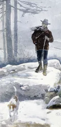 Caçador solitário com cão em uma paisagem nevada, final do século XIX