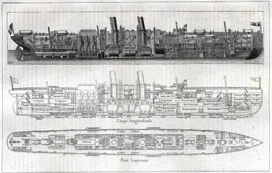 Secção longitudinal do forro "La Normandy" mostrando a disposição interior do edifício. A mesma secção com a legenda explicativa mostrando o espaço reservado aos emigrantes e a dos bens e a planta do andar superior. Gravura em "La Natu