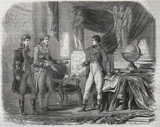 Lord Cornwallis (1738-1805) negociando o Tratado de Amiens (1802) com Napoleão Bonaparte (1769-1821) - a Paz de Amiens, França - Tratado assinado em março de 1802 que pôs fim às Guerras Revolucionárias