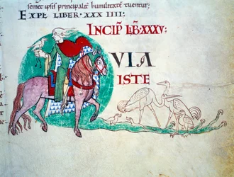 O Senhor tem a caça ao falcão. A miniatura da Idade Média. Manuscrito "Moralia em Jó" da Abadia de Citeaux para Gregoire Papa I