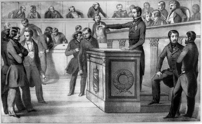 Luís Napoleão (Napoleão III) jura fidelidade à República em 20 de dezembro de 1848 - Juramento de Luís Napoleão III (Luís Napoleão), oficialmente proclamado presidente da República, perante a Assembleia Nacional em 20 de dezembro de 1848. Jura «permanecer