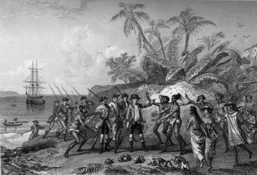 Louis Antoine Comte de Bougainville, navegador francês (1729-1811), aproximando-se das ilhas dos Marqueses no Taiti, 6 de abril